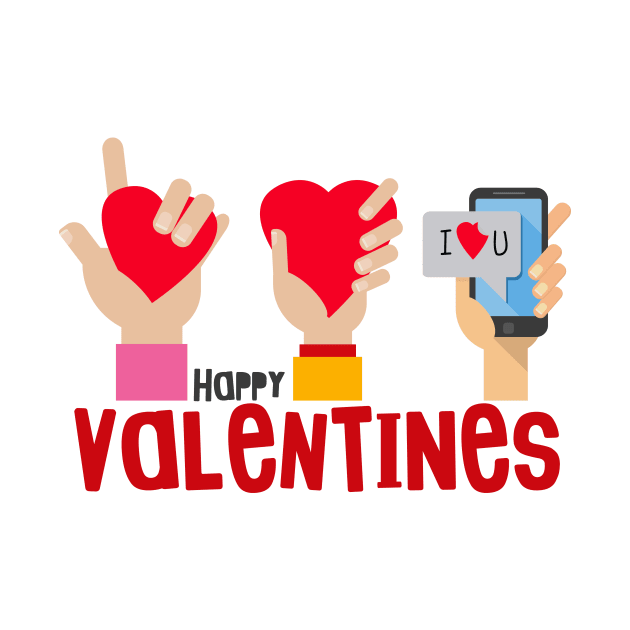 happy Valentine’s day. Hand with smartphone and finger sign love by 9georgeDoodle