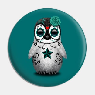 Teal Blue Day of the Dead Sugar Skull Penguin Pin