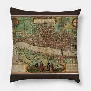 Antique Map of London, England by Georg Braun and Frans Hogenberg,  1582 Pillow