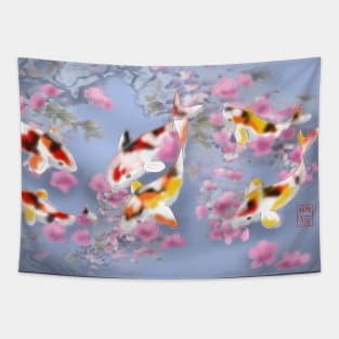 Koi carp with sakura reflections in a purple pond Tapestry