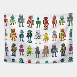 Robot Line-up - cute robots by Cecca Designs Tapestry