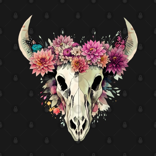 Cow Skull butterflies and floral dahlias crown, rodeo, wild, farm, cowgirl, cow, watercolor style by Collagedream