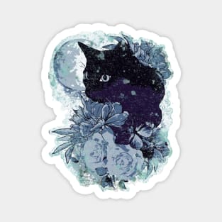 Cat moon flowers, blue and white vintage style Magnet