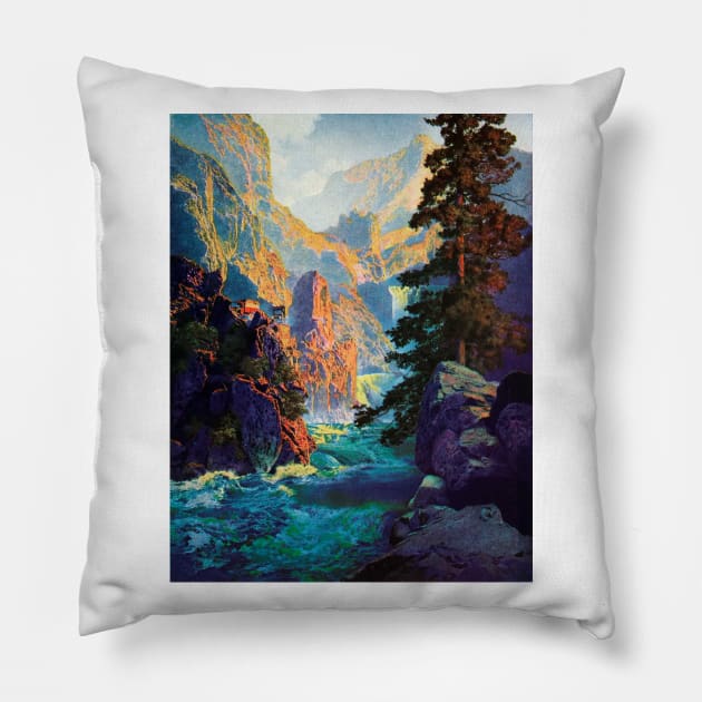 Royal Gorge Colorado, Trucks on Cliff Edge 1922 Maxfield Parrish Pillow by rocketshipretro