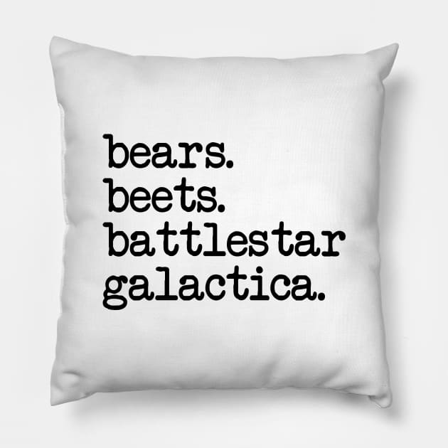 The Office - Bears Beets Battlestar Galactica Pillow by smilingnoodles