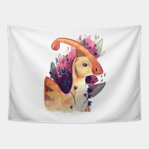 Cute Parasaurolophus Dinosaur Painting with Flowers and Leaves Tapestry by livelonganddraw