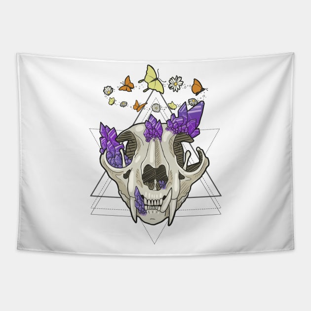 Cat Skull with Crystals, Butterflies, and Geometric Accents Tapestry by KMogenArt