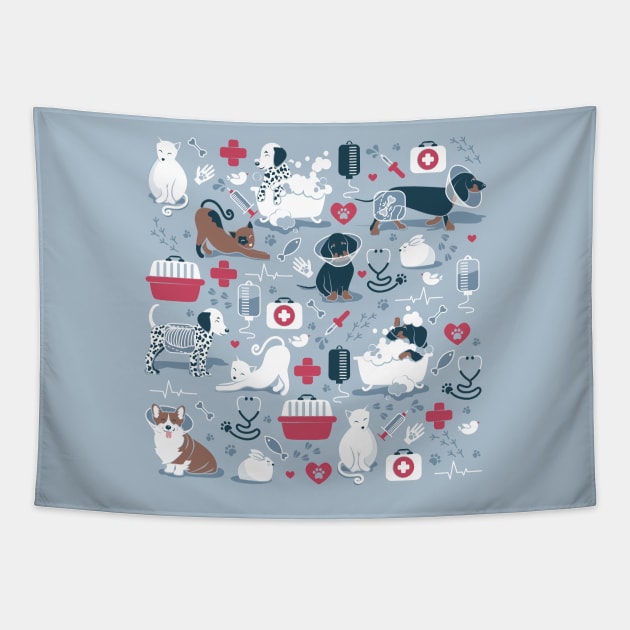 Veterinary medicine, happy and healthy friends // pastel blue background red details navy blue white and brown cats dogs and other animals Tapestry by SelmaCardoso