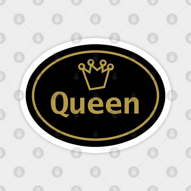 Gold Queen and Crown on Black Oval Magnet by ellenhenryart