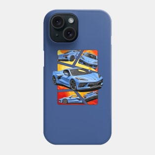 Multiple Angles of the Blue C8 Corvette Presented In A Bold Vibrant Panel Art Display Supercar Sports Car Racecar Rapid Blue Corvette C8 Phone Case