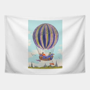 Early hot air balloon flying over Oxford city Tapestry