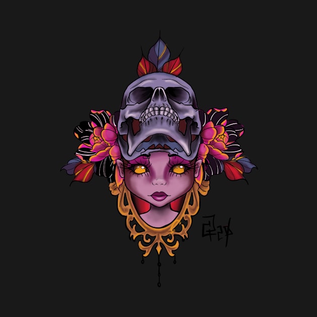 Girl face skull peonies by trainwreck911