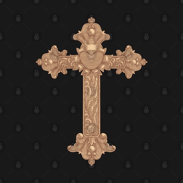 Golden Christian wooden cross with heart and floral ornamental. Easter, symbol of Christianity,. hand drawing vintage engraving style illustration by Ardiyan nugrahanta