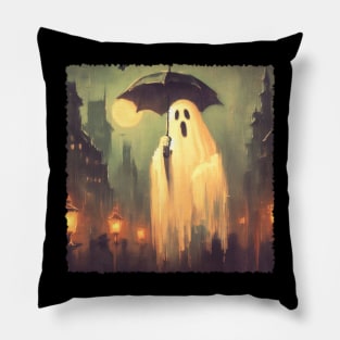 Vintage Spooky gothic Halloween ghost holding umbrella Pillow