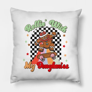 Rollin with My Doughmies Skateboarding Funny  Christmas Skater Gingerbread Pillow