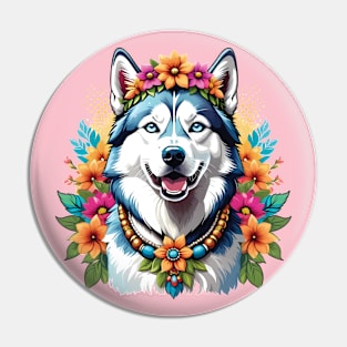 Hippie Husky in Flowers Pin