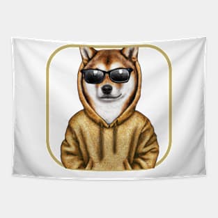 Shiba Inu wearing a hoodie and sunglasses Tapestry