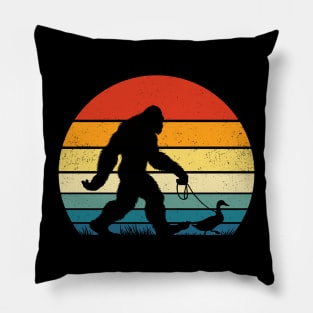 Bigfoot Sasquatch Walking a Duck Funny Vintage Sunset Pillow