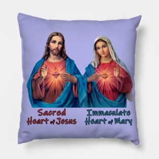 Sacred Heart of Jesus and Immaculate Heart of Mary Images with Typography Pillow