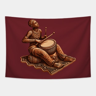 Afrocentric Man Wooden Carving Drums Tapestry