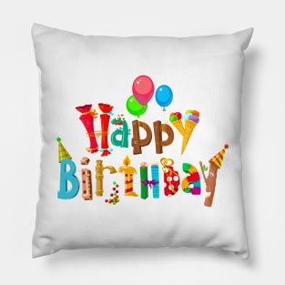 Funny Happy Birthday Word Art Font with Balloons Pillow