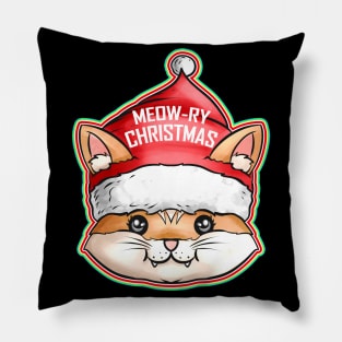 Kawaii Cat Santas Hat Meow-ry Christmas Pillow