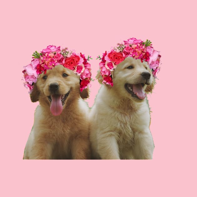 Cute golden retriever in flower crowns by Sarahsartfulstudies