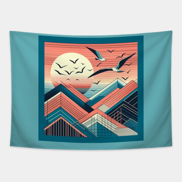 Geometric sunset landscape, square framed Tapestry by ViaSabo