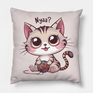 Nyaa? Kawaii Cat with a Ball of Yarn Pillow