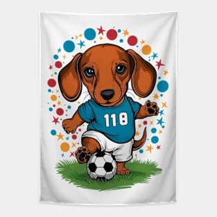 Cute Puppy Dachshund Playing Football Tapestry