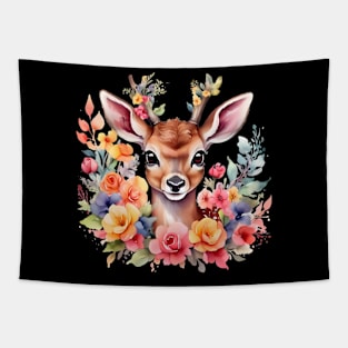 A deer decorated with beautiful watercolor flowers Tapestry