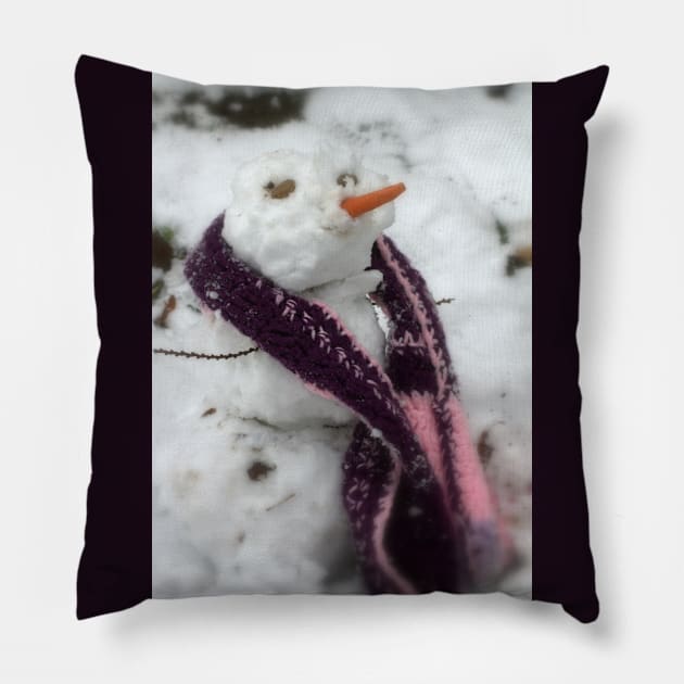 snowman in a pink scarf Pillow by DlmtleArt