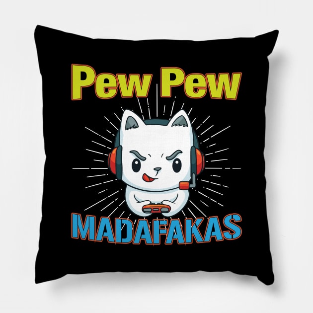 Pew Pew Cat Gaming Cat Pillow by CRE4TIX