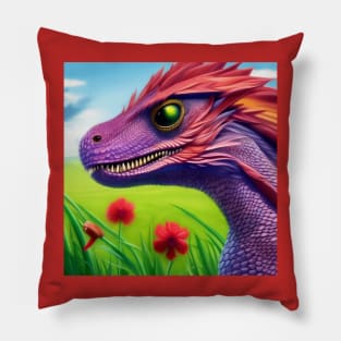 Cute Purple and Pink Baby Dragon in Flowers Pillow