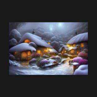 Magical Fantasy House with Lights in a Snowy Scene, Fantasy Cottagecore artwork T-Shirt