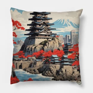 Fukuoka Castle Japan Vintage Poster Tourism Pillow