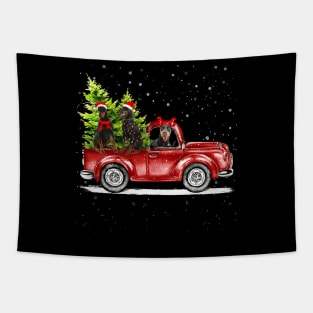 Christmas Three Doberman Dogs Ride Red Truck Costumer Xmas Tapestry