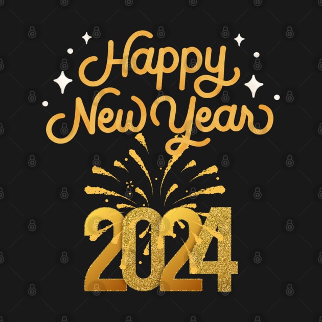 Happy New Year 2024 Gold Letters, Fireworks Design by BirdsnStuff