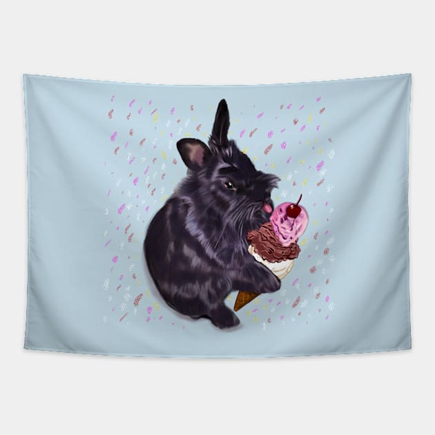 bunny rabbit sprinkles! cute  ebony colored coloured lionhead bunny rabbit  licking a three scoop icecream Tapestry by Artonmytee