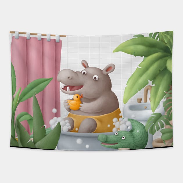 Cute hippo taking bath. Tapestry by CaptainPixel