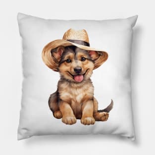 Watercolor German Shepherd Dog in Straw Hat Pillow