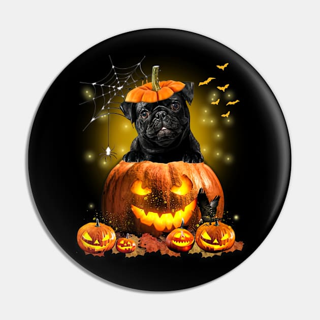 Black Pug Spooky Halloween Pumpkin Dog Head Pin by Los Draws