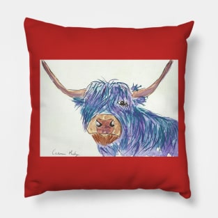 Blue Highland Cow Pillow