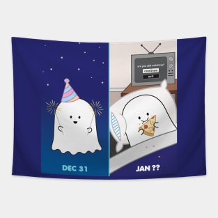 Gordie the Ghost (Dec 31 vs Jan) | by queenie's cards Tapestry