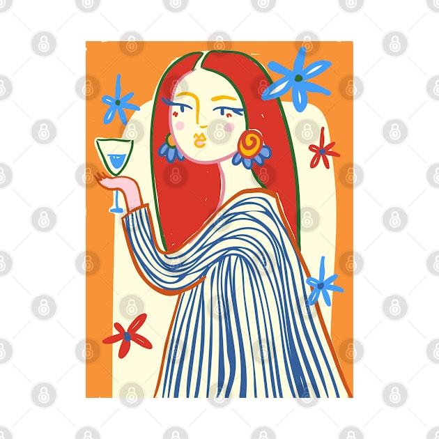 Flower girl with glass of wine, Abstract art, Colorful retro print, Floral art, Self love, Party mood by KristinityArt