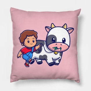 Cute Boy Walking With Cow Cartoon Pillow