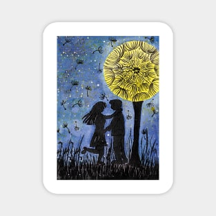 boy and girl under a dandelion tree Magnet