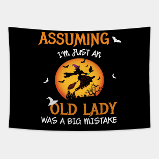 Old Lady Witch Broomstick Black Cat Bats Spider. Tapestry