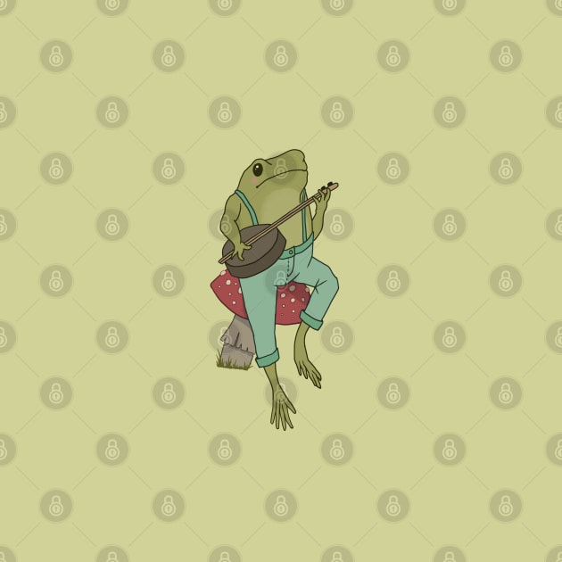 Funny Cottagecore Frog Playing Banjo Guitar and Sitting on a Mushroom by Ministry Of Frogs