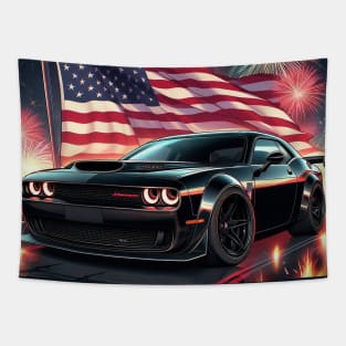 Dodge Challenger Hellcat and The American Flag by Gas Autos Tapestry